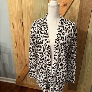 Kim Rogers Leopard Open-Front Cardigan in White, Black & Brown